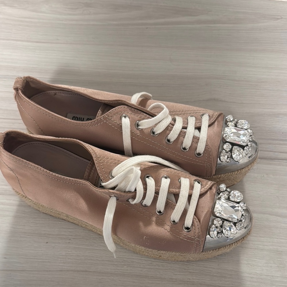 Miu Miu Women's Pink Satin Sneakers with Crystal Embellishments